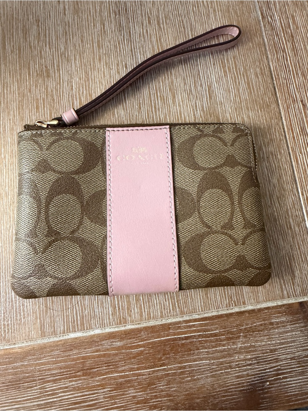 Coach Brown Signature Canvas Wristlet with Pink Leather Panel